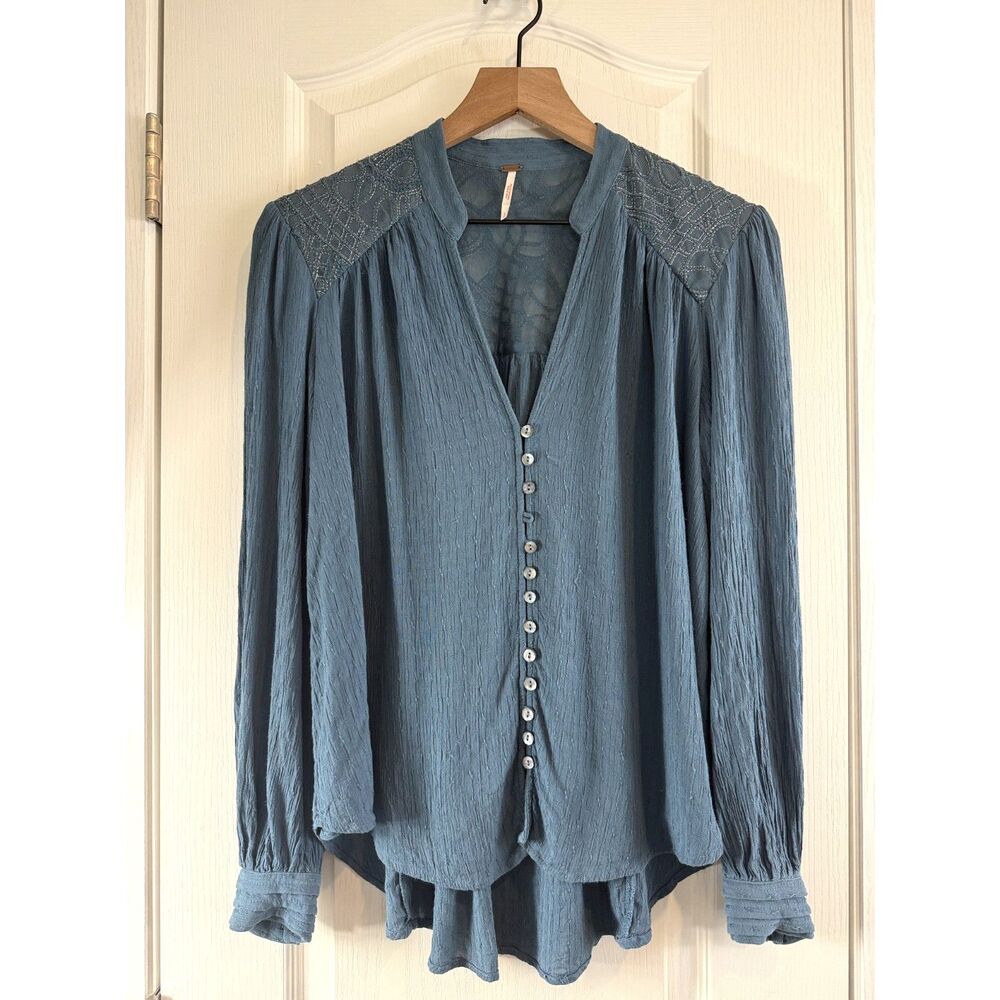 Free People Canyon Rose Peasant Top Blue Button Front Embroidered Women's S